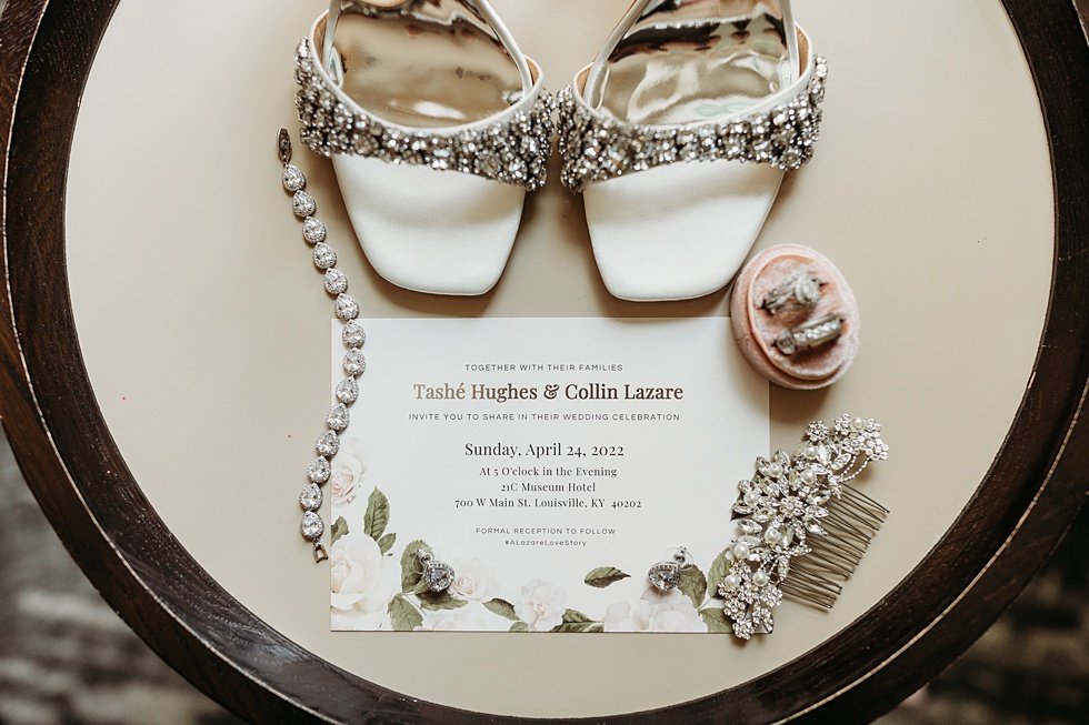  Bride's wedding details and acessories. Rooftop wedding and reception at 21C Hotel Louisville 