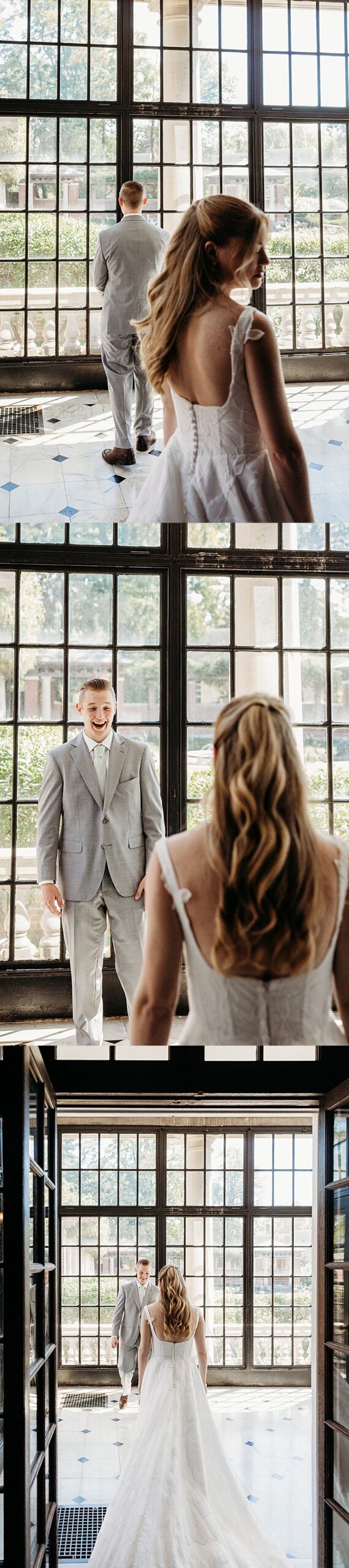 Gardencourt wedding reception first look inside the sunroom with large windows and natural light