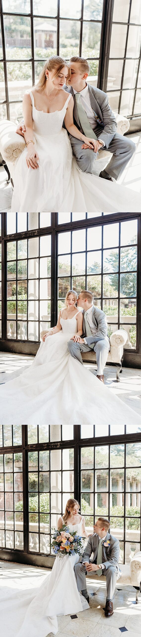 Gardencourt wedding reception portraits of the bride and groom in the sunroom with garden views