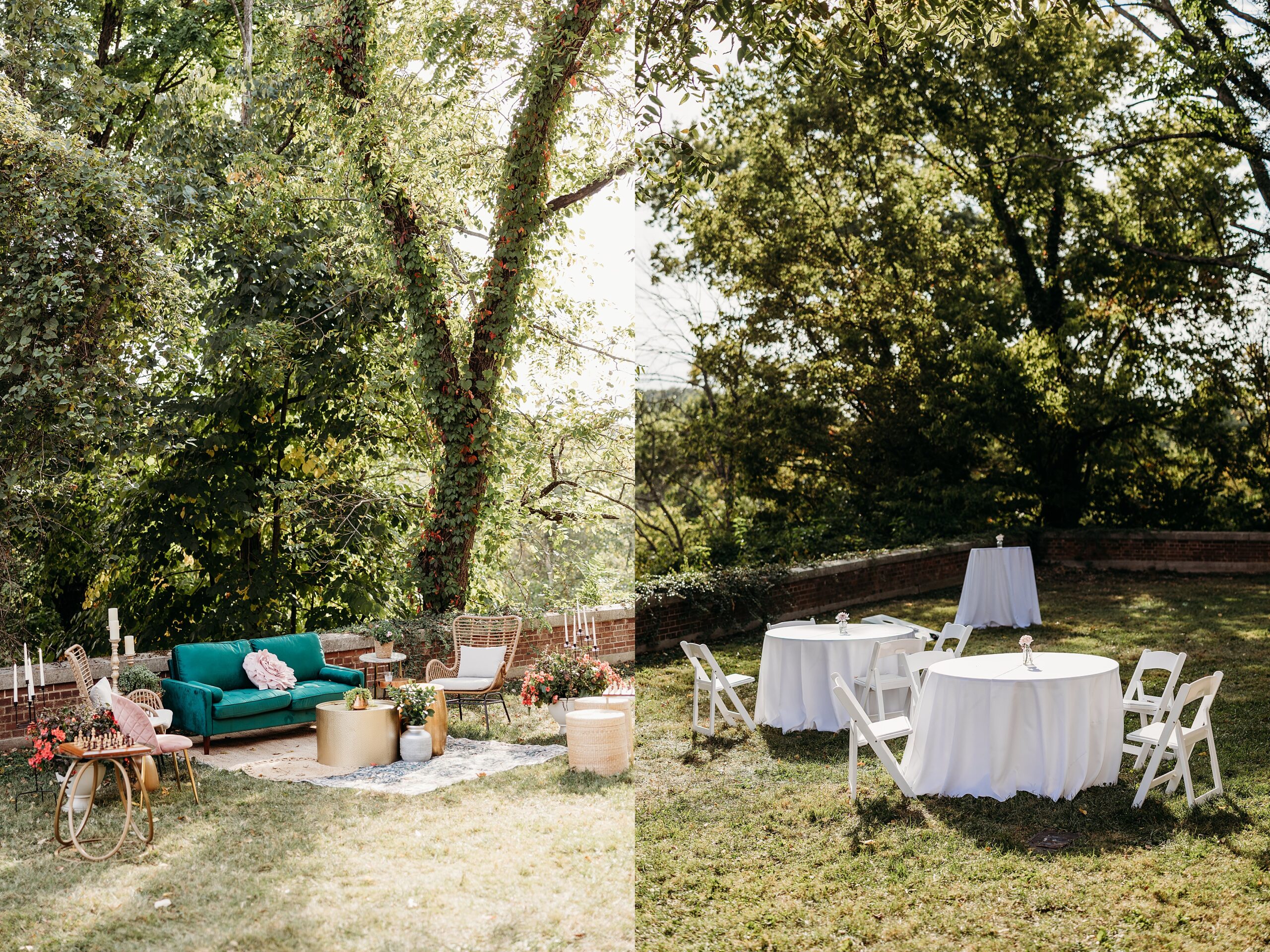 Outdoor lounge setup during a Gardencourt wedding reception with seating and cocktail tables