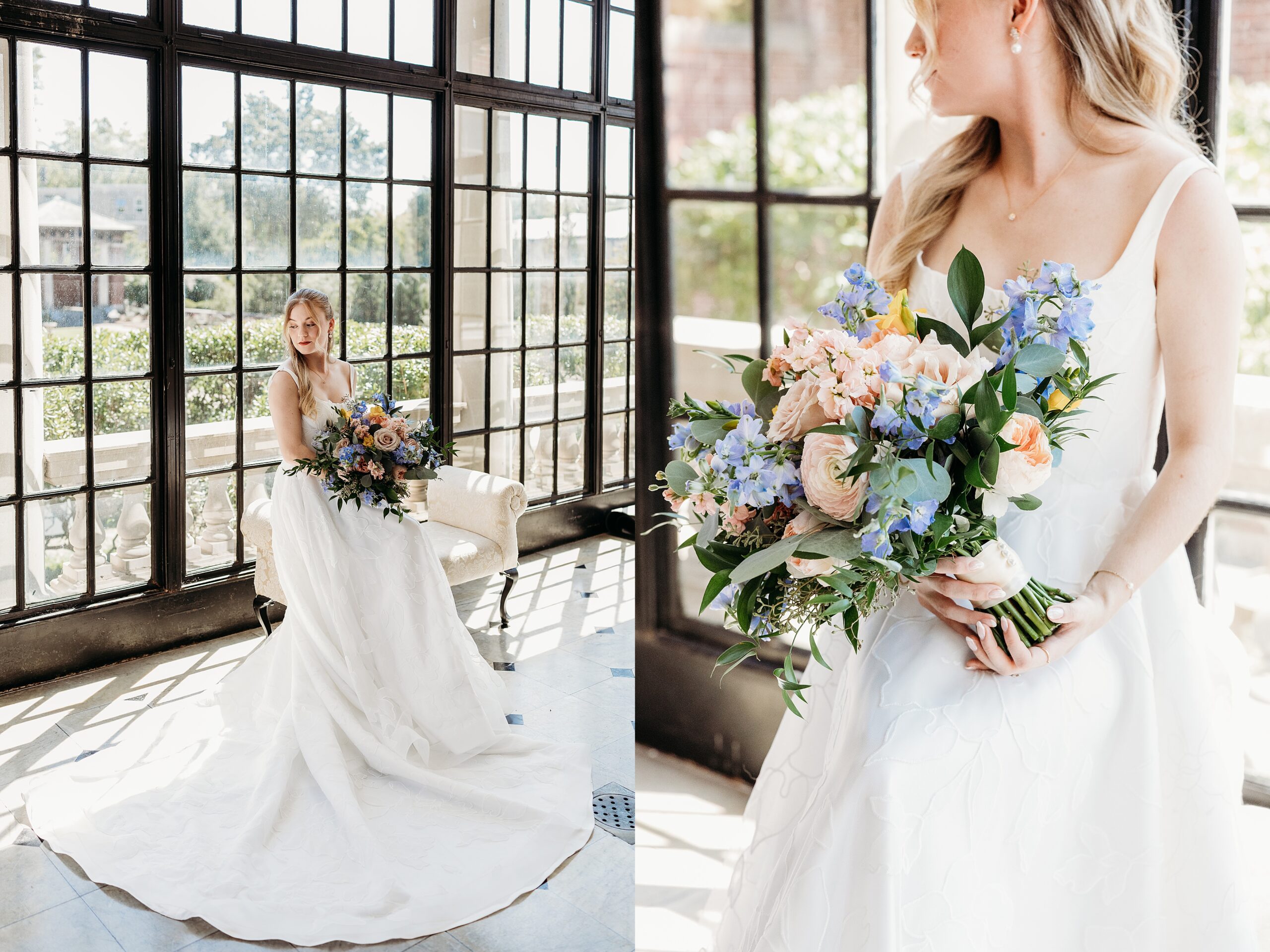 Bridal portraits in the sunroom at Gardencourt.