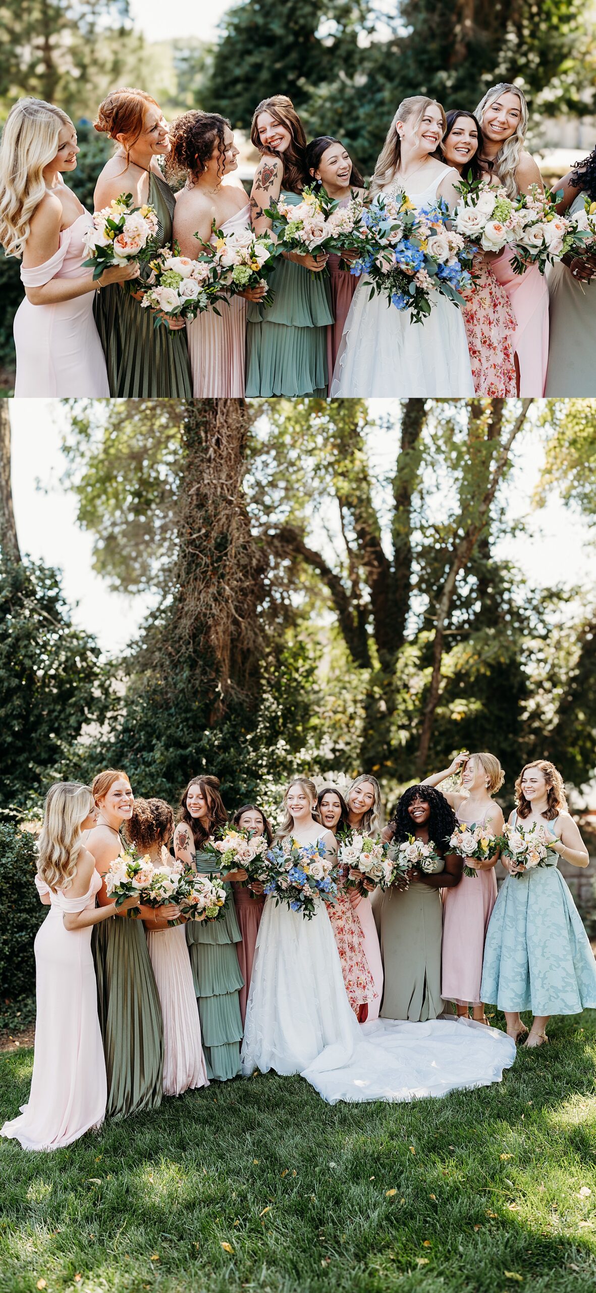 Bridesmaids gathered together during a Gardencourt wedding reception with floral bouquets