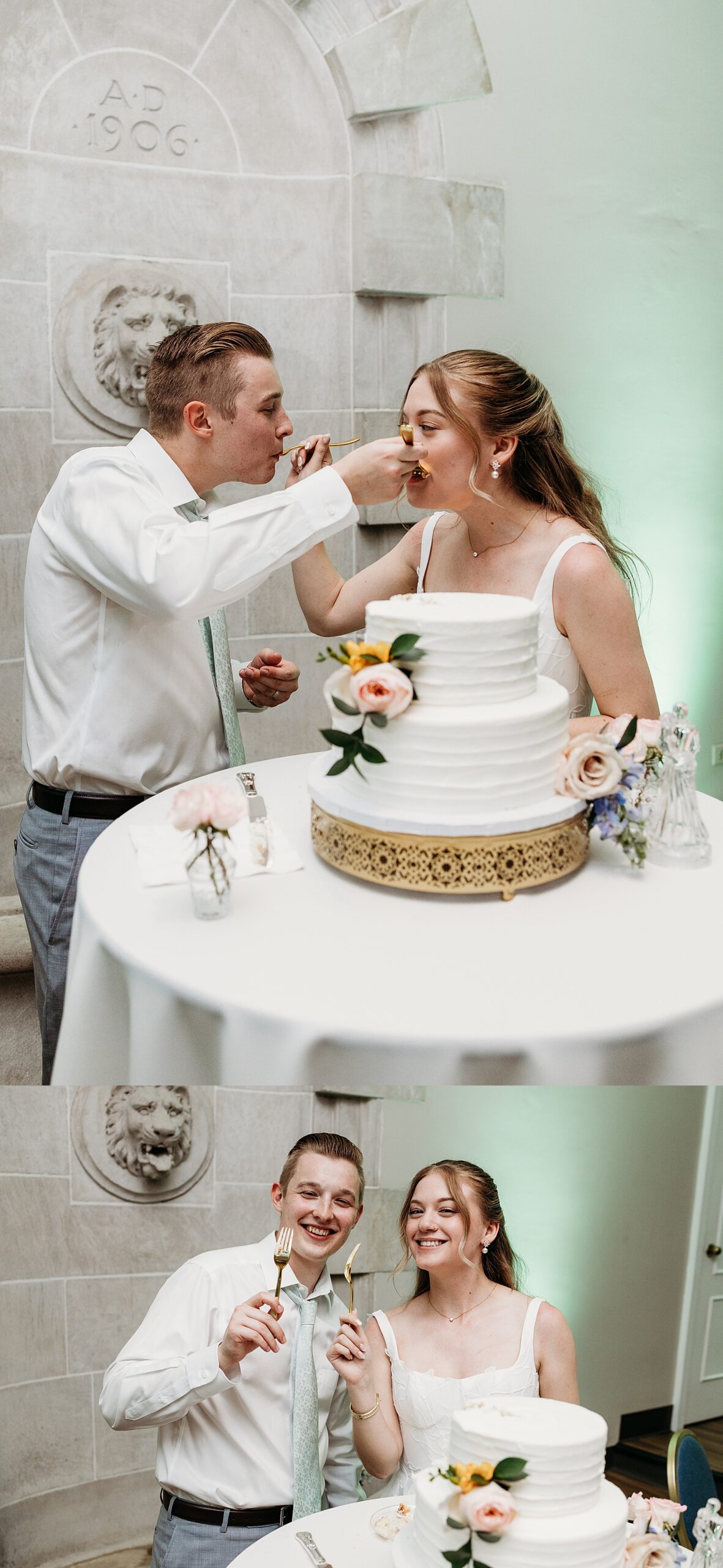 Bride and groom feeding each other cake during a Gardencourt wedding reception