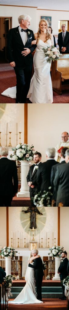 Hubers orchard winery wedding ceremony as the bride walks down the aisle with her father, shares a hug at the altar, and the groom waits.