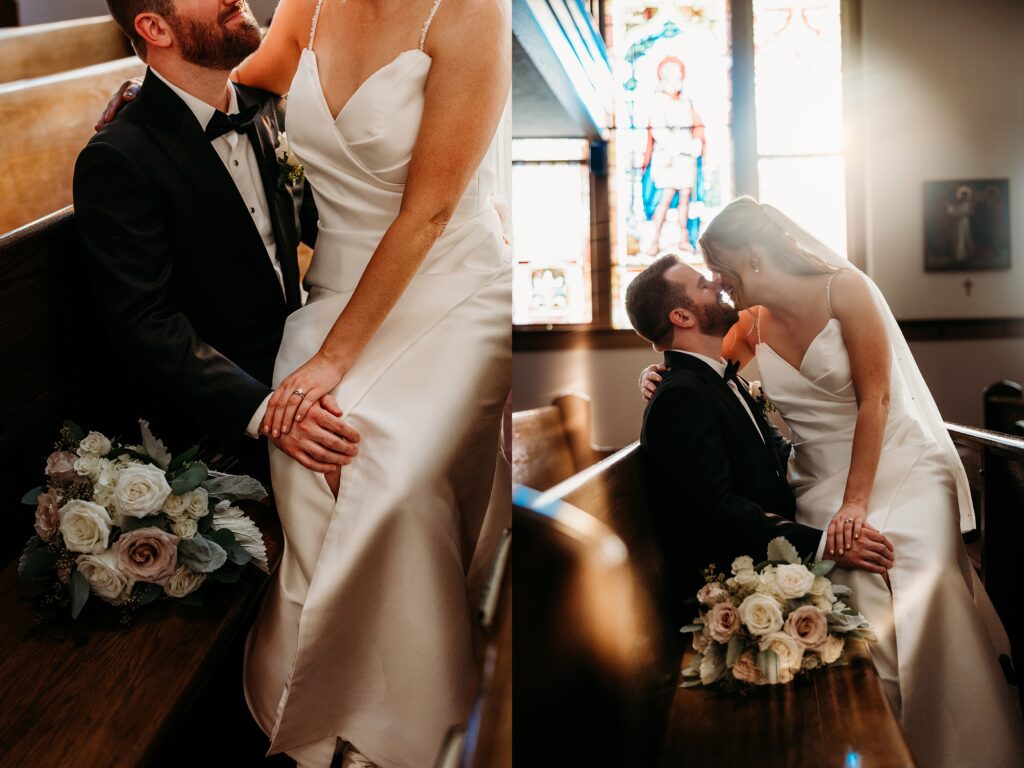 Bride and groom share a quiet moment in a church pew at St Marys of the Knobs with bouquet resting beside them.