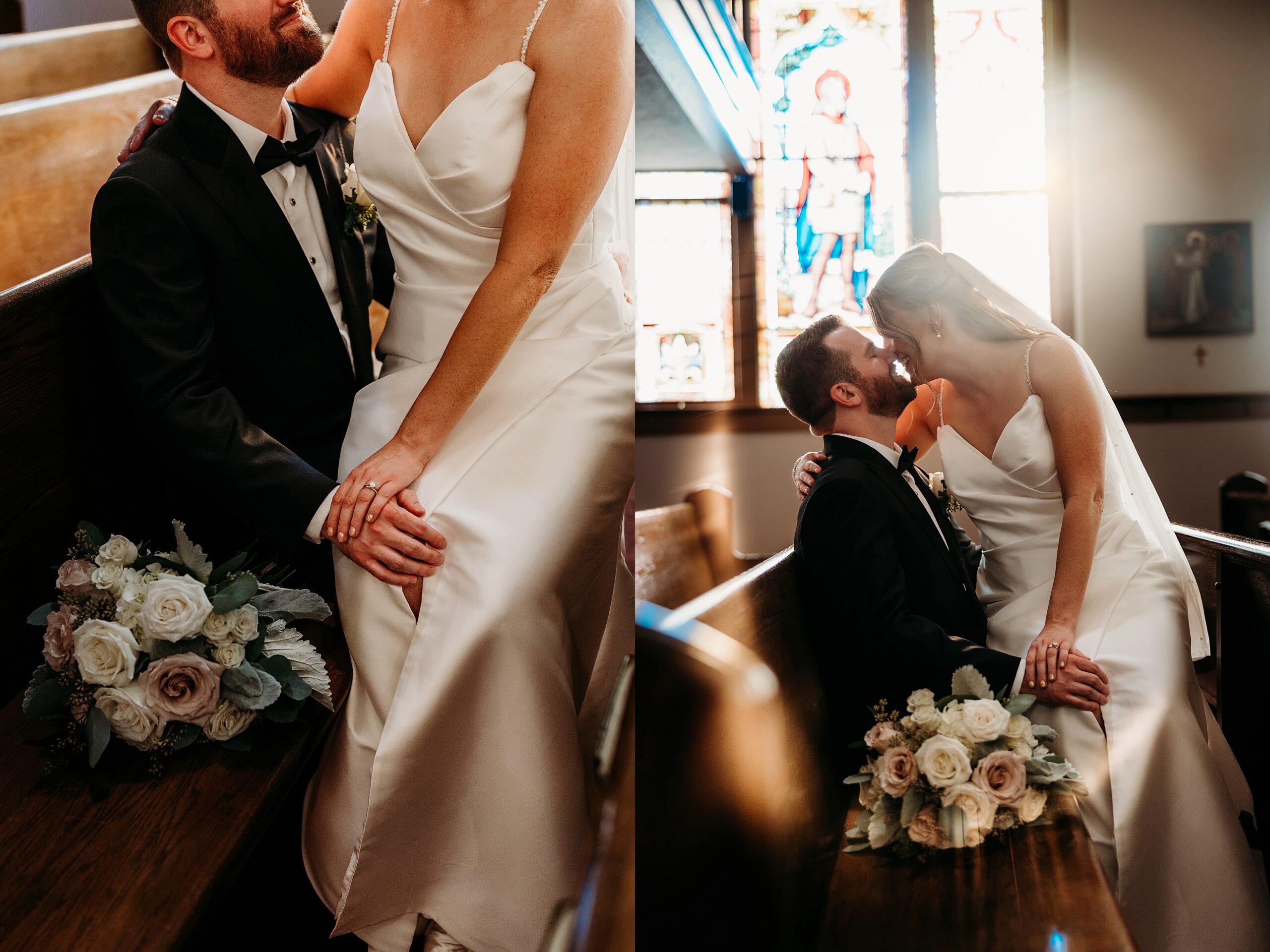 Bride and groom share a quiet moment in a church pew at St Marys of the Knobs with bouquet resting beside them.