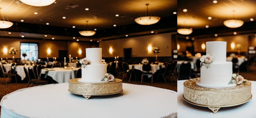 Two tier wedding cake displayed in the Harvest Room at Hubers Orchard and Winery reception space.