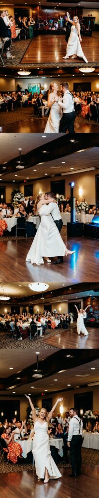 Bride and groom celebrate on the dance floor at Hubers Orchard and Winery with guests cheering during reception entrance and dancing.