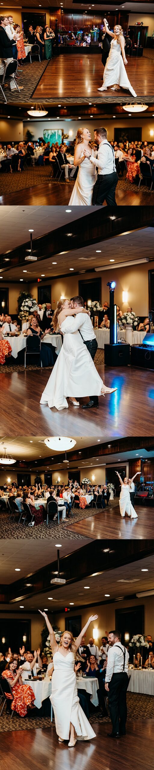 Bride and groom celebrate on the dance floor at Hubers Orchard and Winery with guests cheering during reception entrance and dancing.