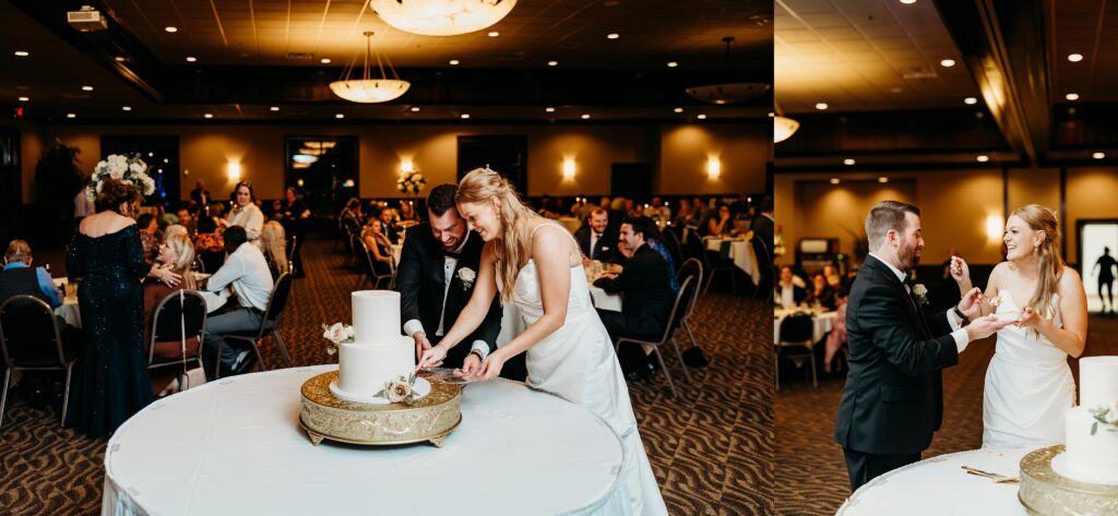 Bride and groom cut cake together during reception in the Harvest Room at Huber's Orchard and Winery.