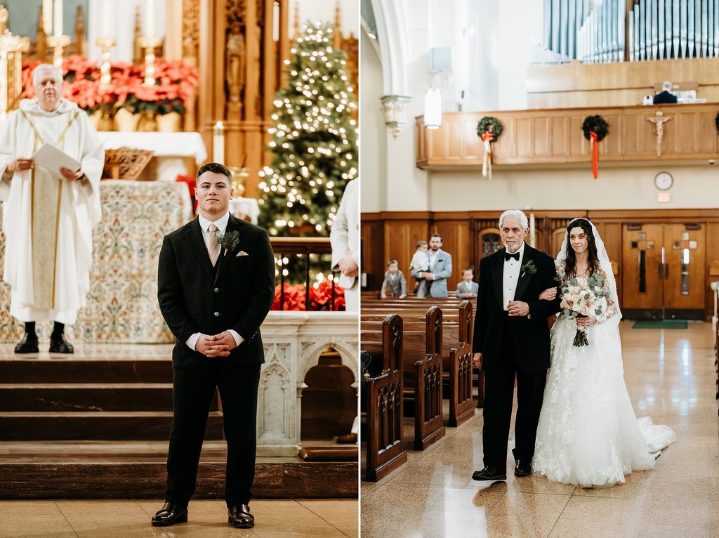 Groom watches as the bride walks down the church aisle with her father.