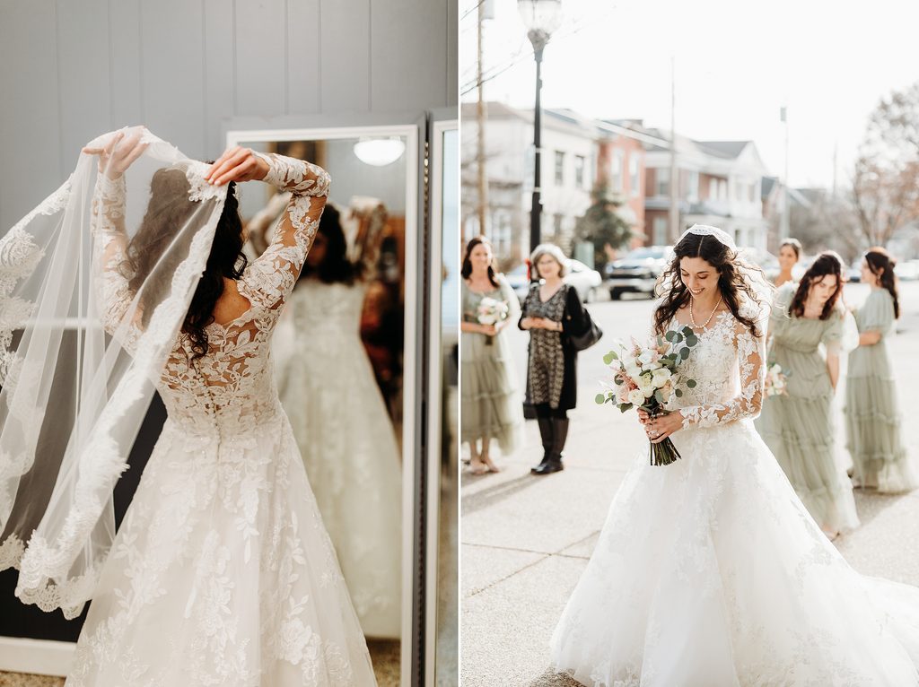 Bride putting on her veil and walking outside with bridesmaids before her St. Louis Bertrand Catholic Church wedding.