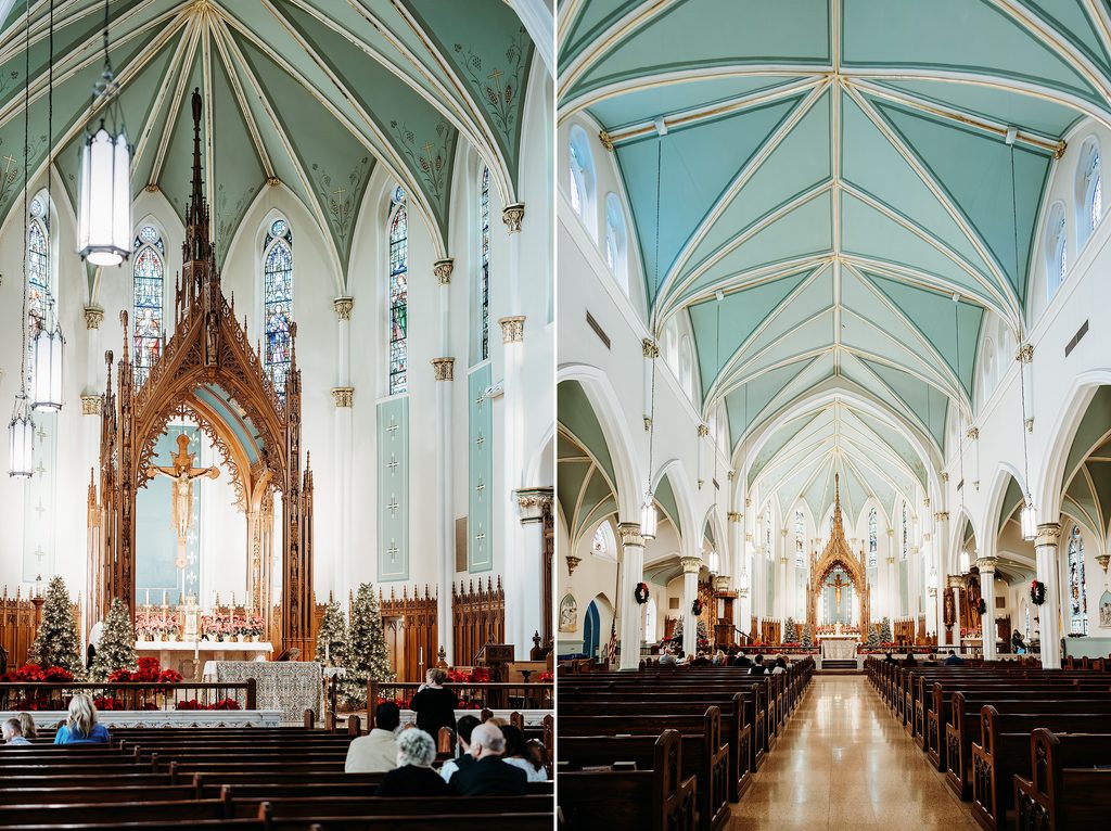 St. Louis Bertrand Catholic Church wedding interior in Louisville KY with vaulted ceilings and stained glass.