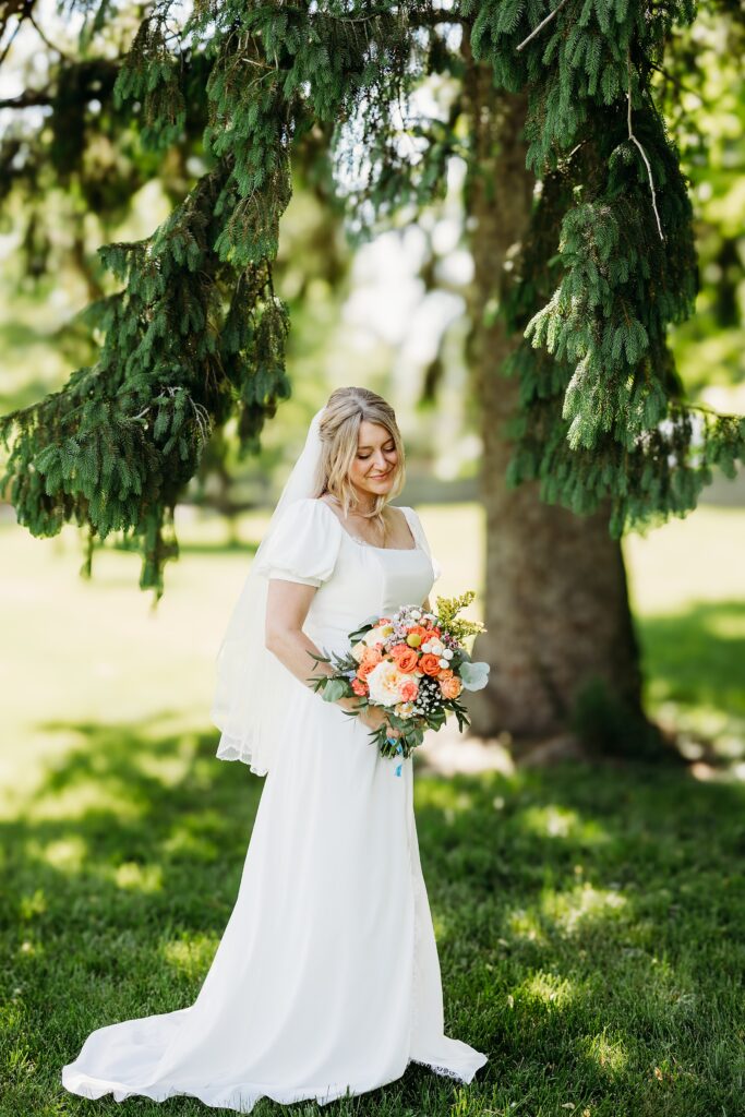 Bride holding a colorful bouquet beneath an evergreen tree