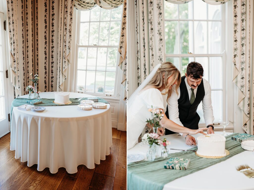 Newlyweds cut their wedding cake during an intimate reception in Louisville.