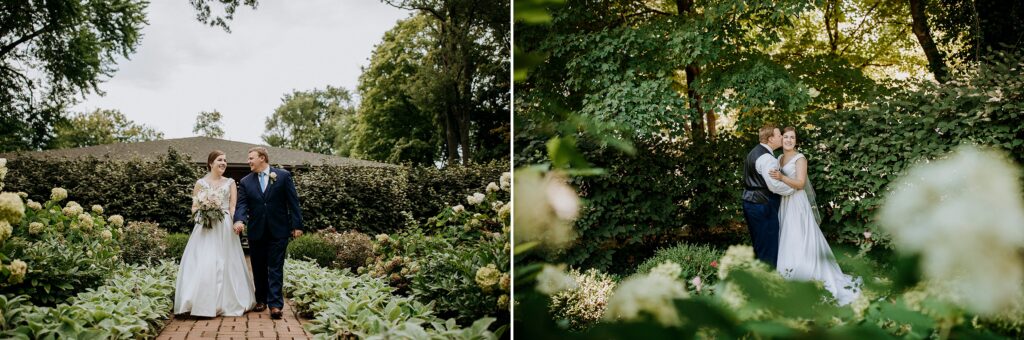 Bride and groom share romantic garden portraits among blooming hydrangeas in Louisville, KY