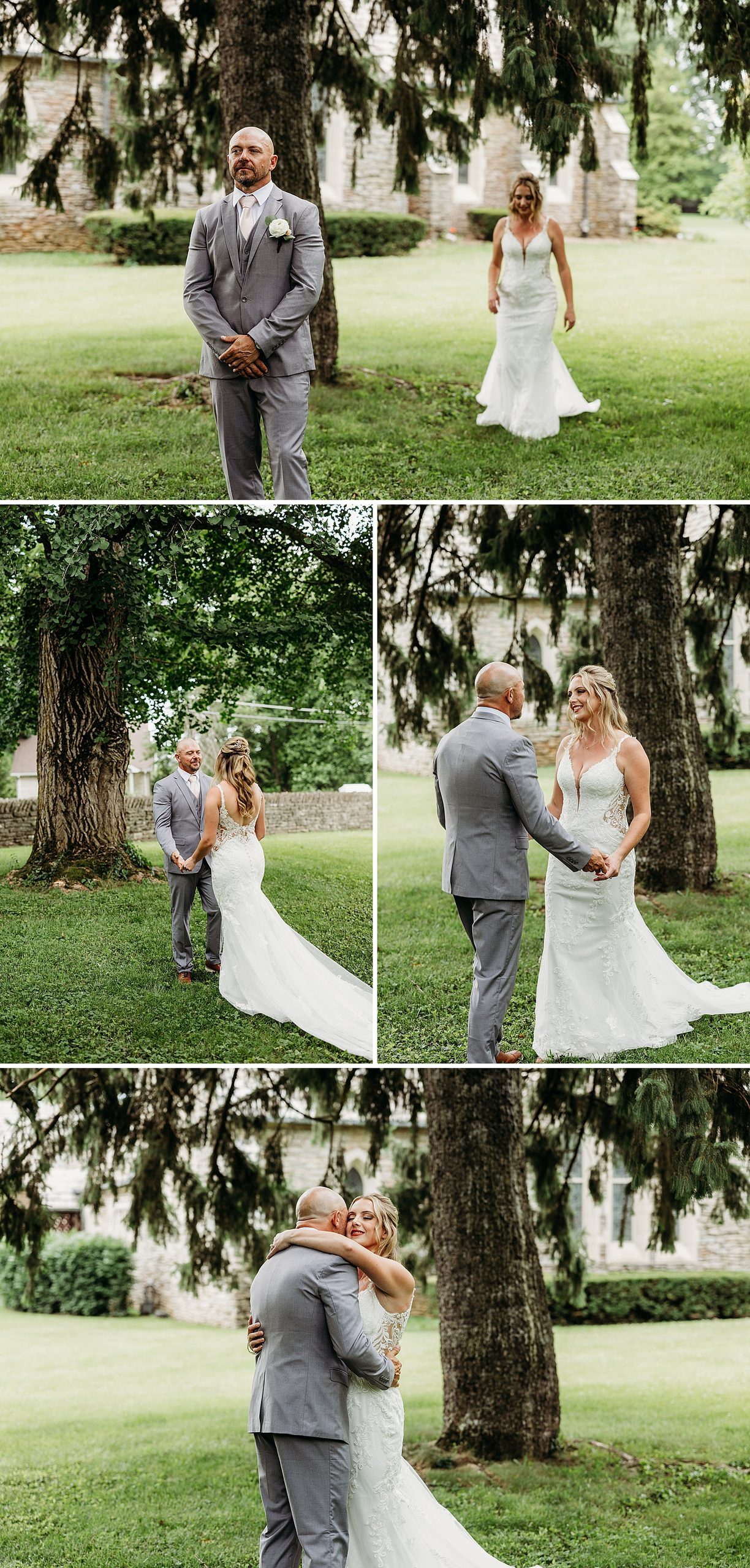 Bride and groom have first look outside Duncan Memorial before their intimate wedding.