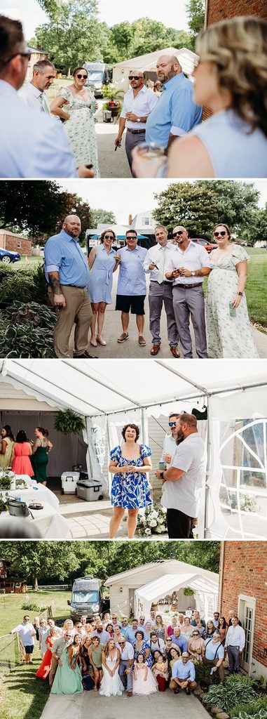 Guests mingle, pose for group photos, and celebrate together during a casual backyard wedding reception.