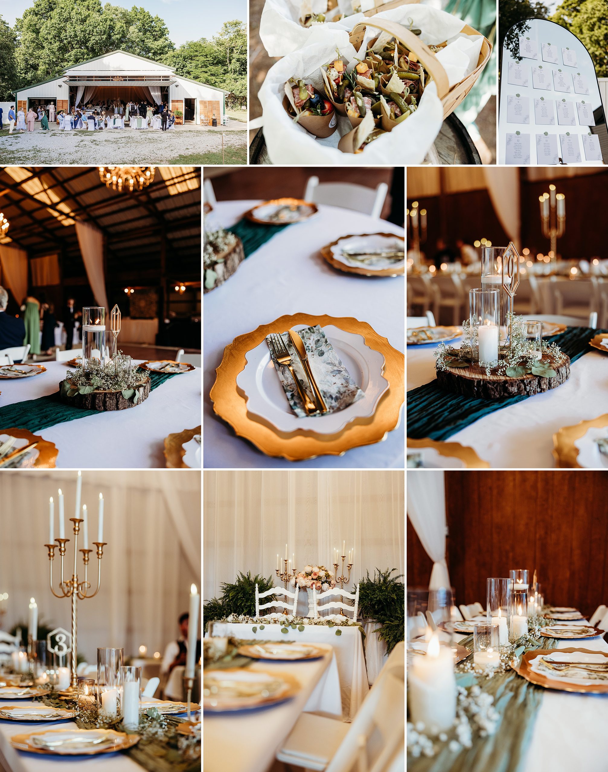 Barn wedding reception gold and green details.