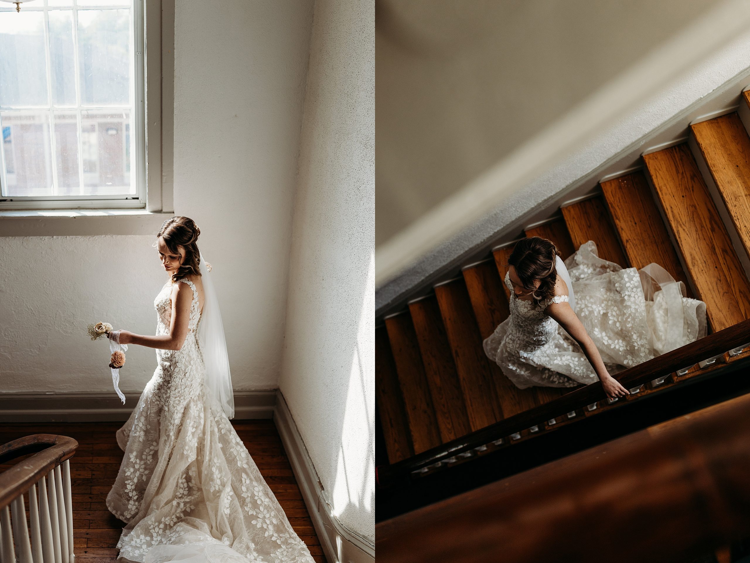 Bride walks down the staircase at Basilica of Saint Joseph in her lace wedding dress.