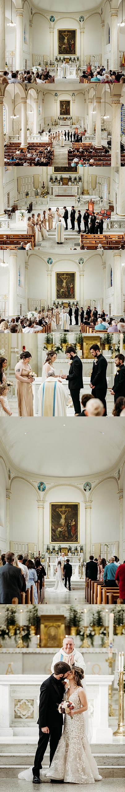 Catholic wedding ceremony at Basilica of Saint Joseph with the couple exchanging vows at the altar.