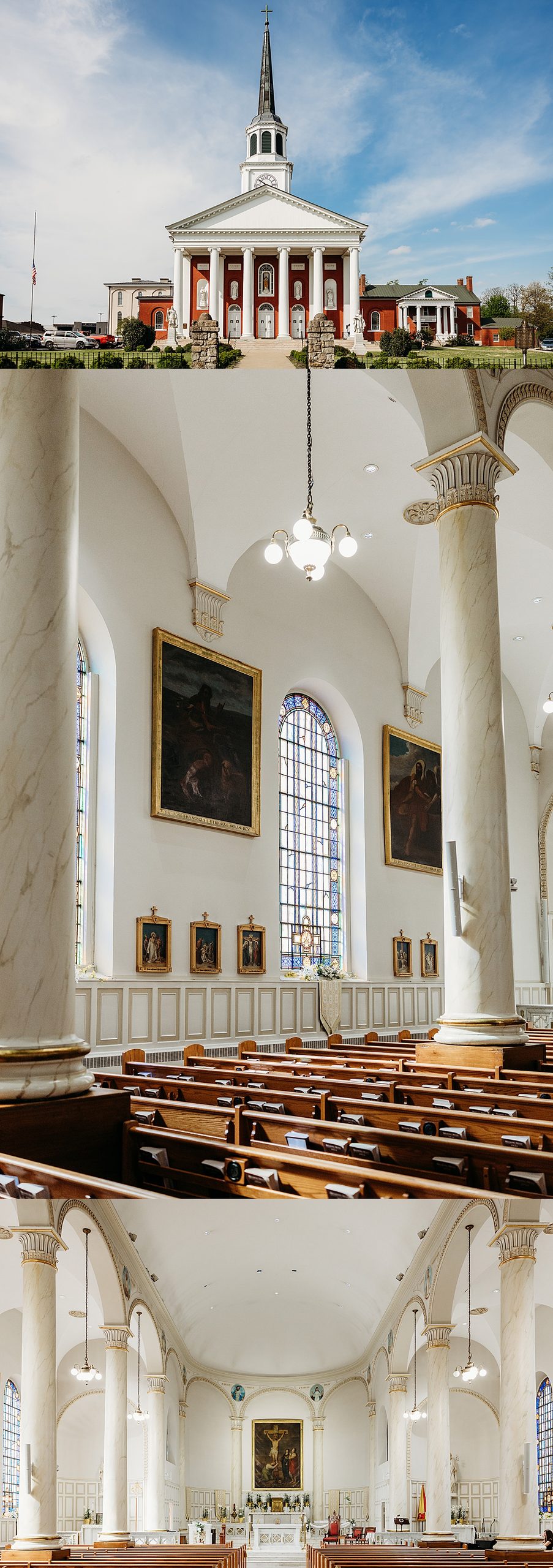 Exterior and ornate interior of Basilica of Saint Joseph in Bardstown, KY with stained glass and marble columns.