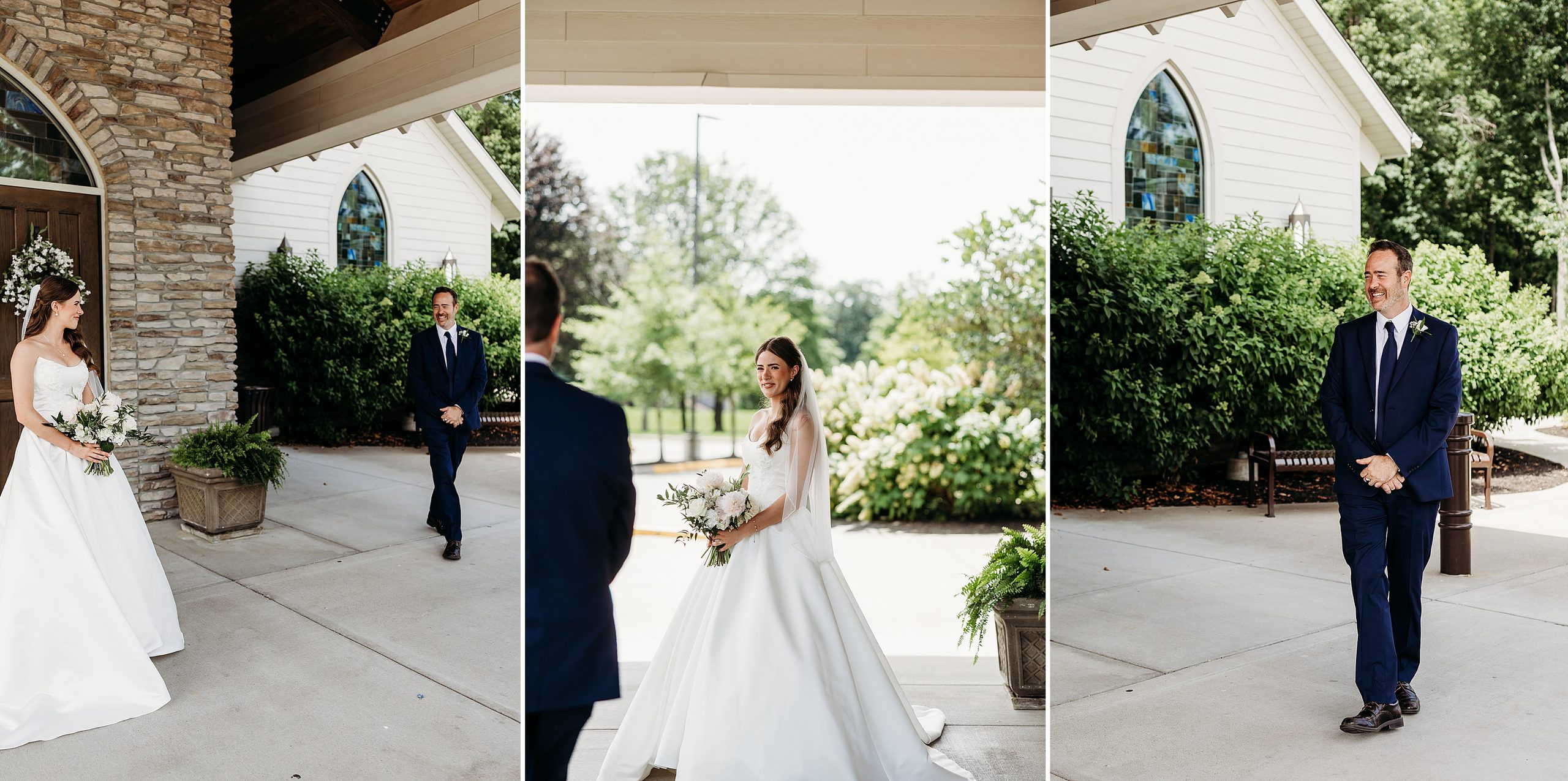 Bride and her father having a first look outside Chapel in the Woods