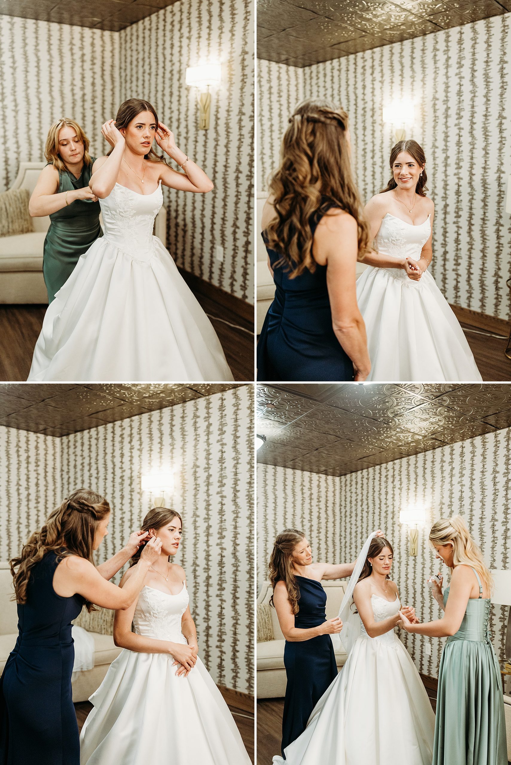 Bride getting ready on her wedding day with mother and sister.