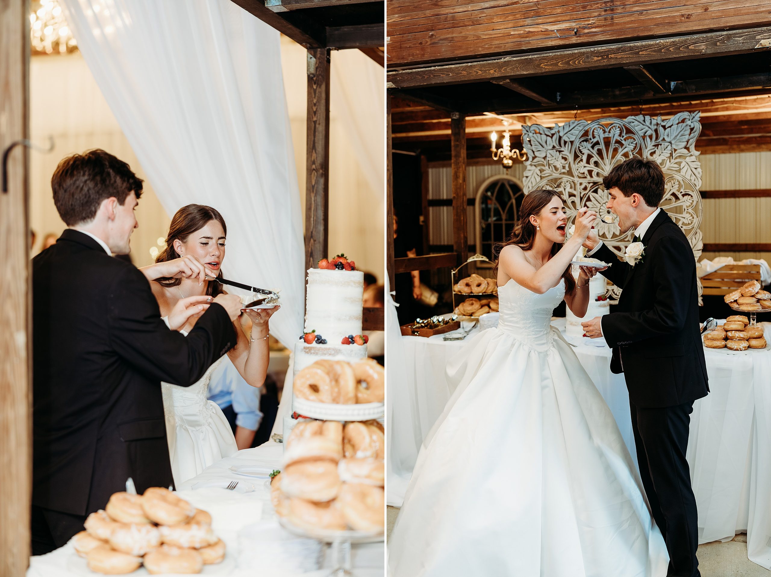 Bride and groom cutting their cake during their wedding reception