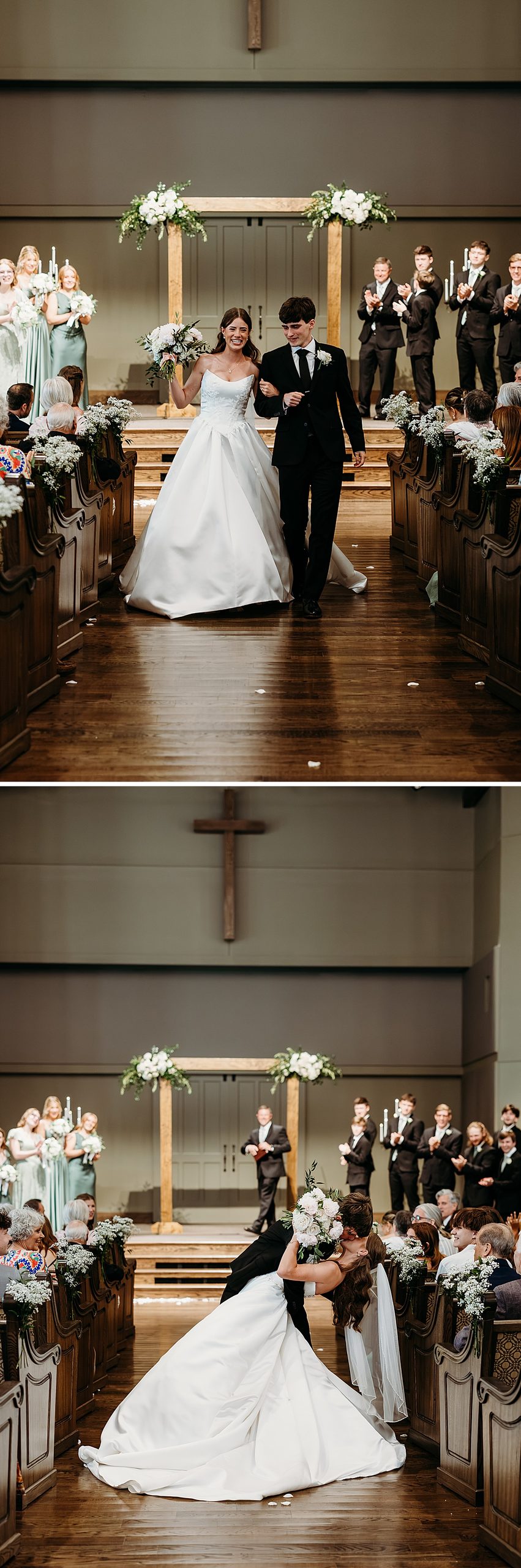 Bride and groom do a dip kiss in the aisle during their wedding recessional. 