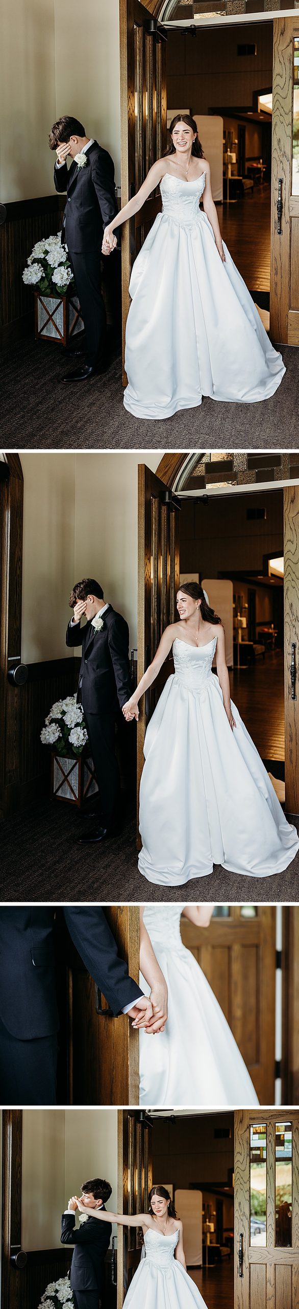 Bride and groom first touch inside chapel doors.