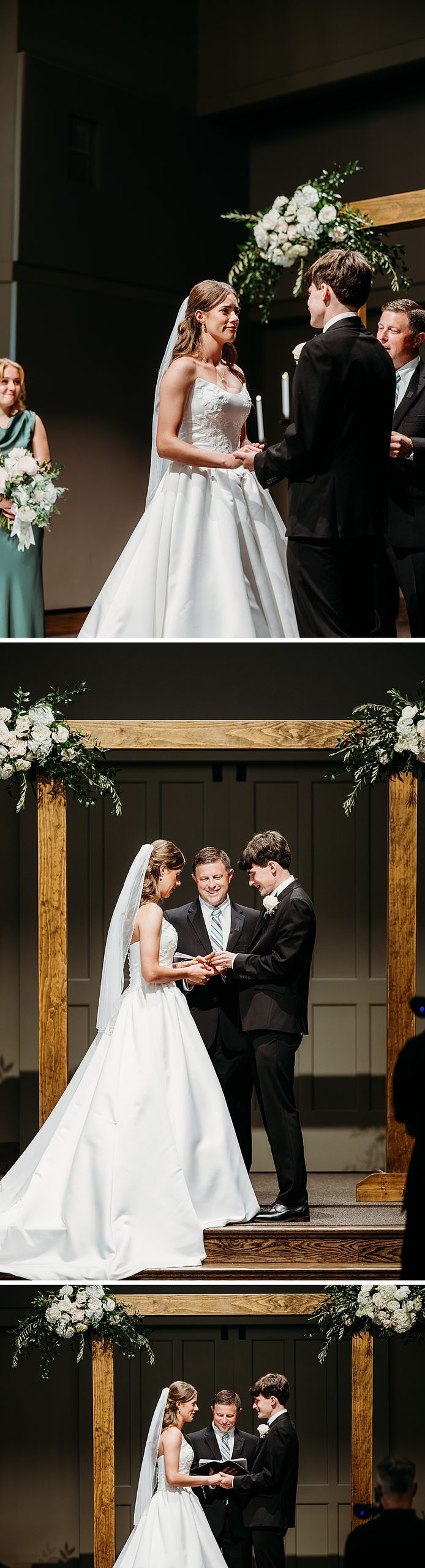 Bride and groom exchange rings during their ceremony.