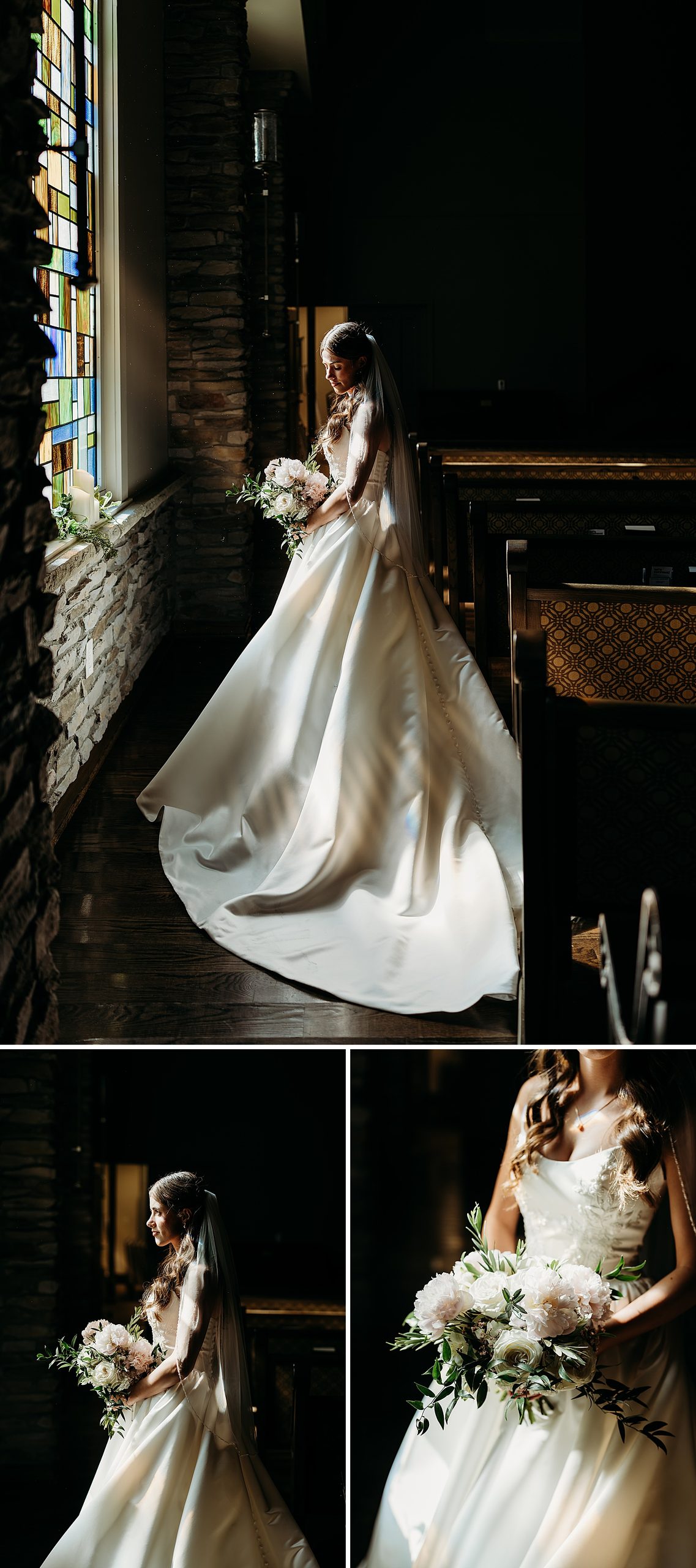 Bride looks out window during bridal portraits inside Chapel in the Woods.