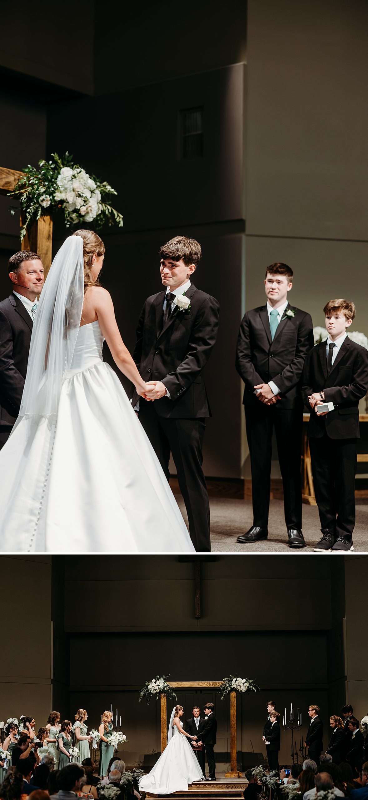 Bride and groom holding hands during their ceremony at Chapel in the Woods.