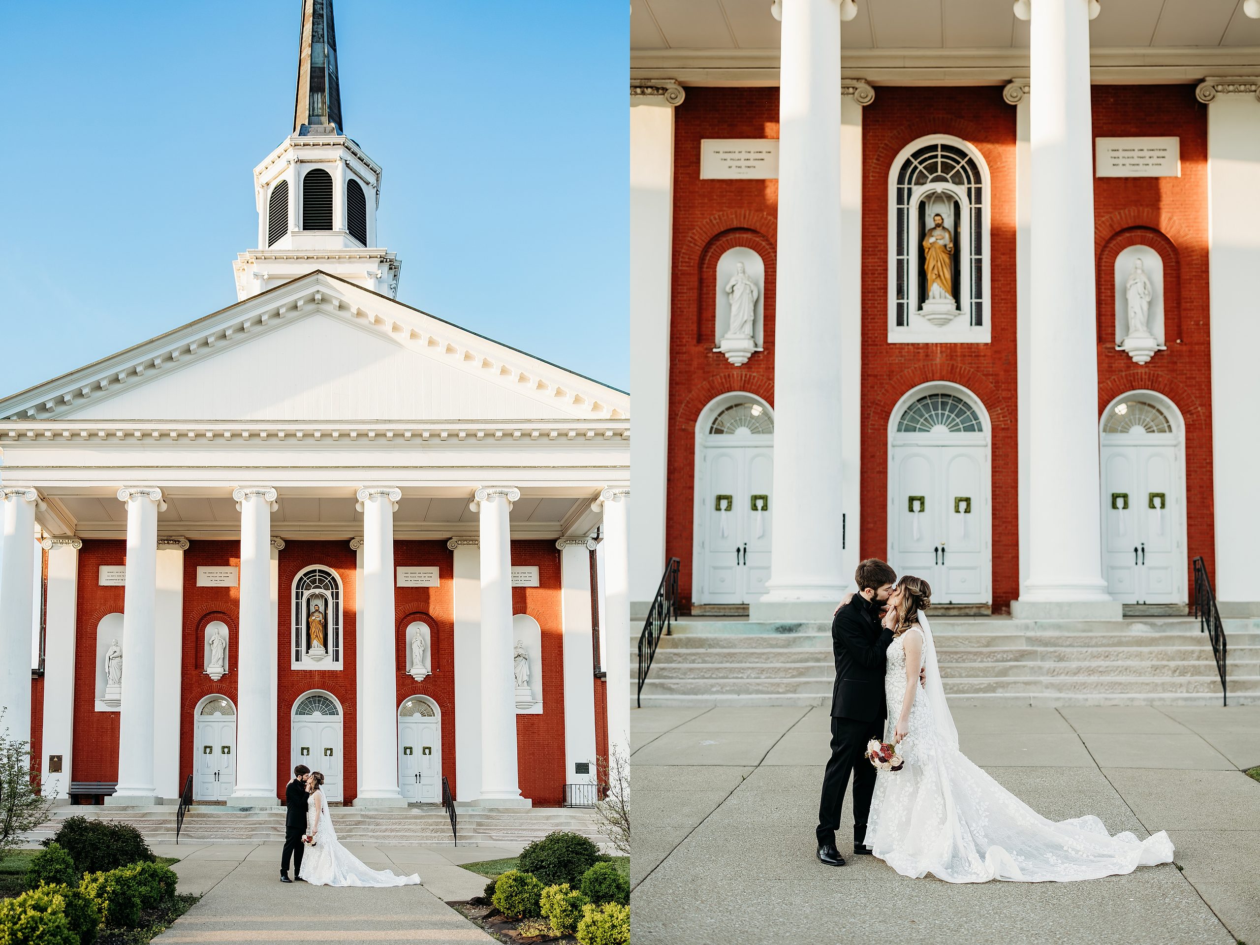 Bride and groom kiss beneath the columns of Basilica of Saint Joseph in Bardstown, KY.