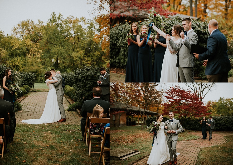 Newlyweds celebrate after their outdoor fall wedding ceremony at Farmington in Louisville, KY.