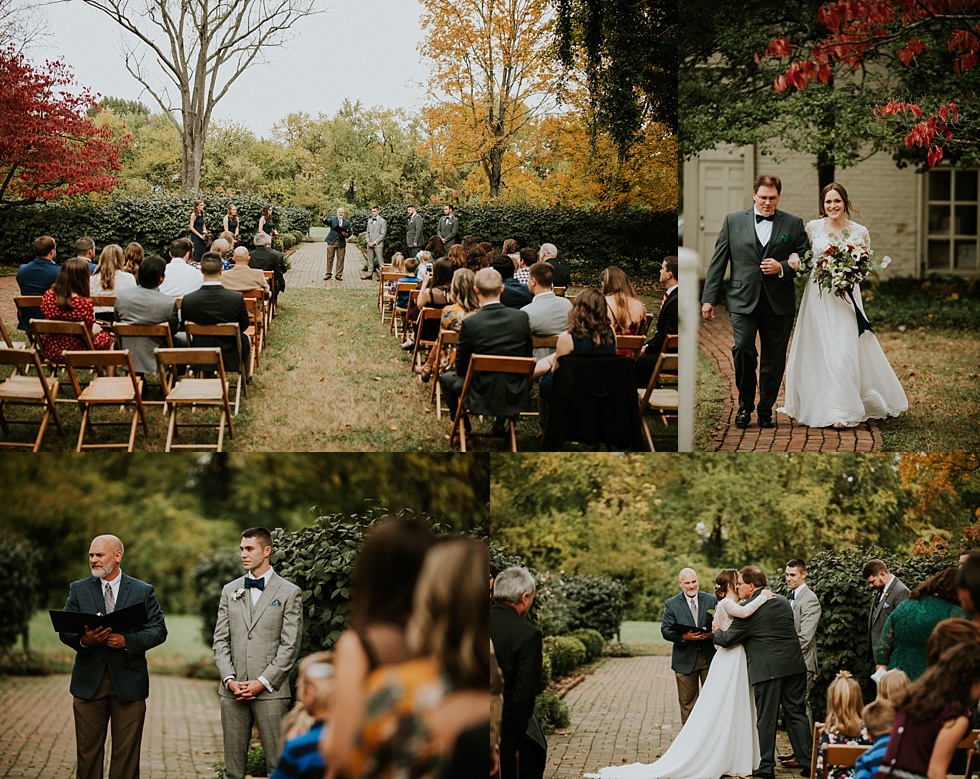 Father walks the bride down the aisle during an outdoor fall wedding ceremony.